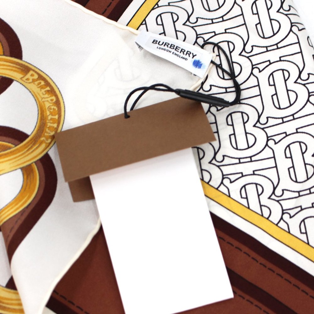 Burberry London Silk Monogram Logo Print Tie Scarf Brown Black 90 X 90 Cm NEW - Picture 6 of 8